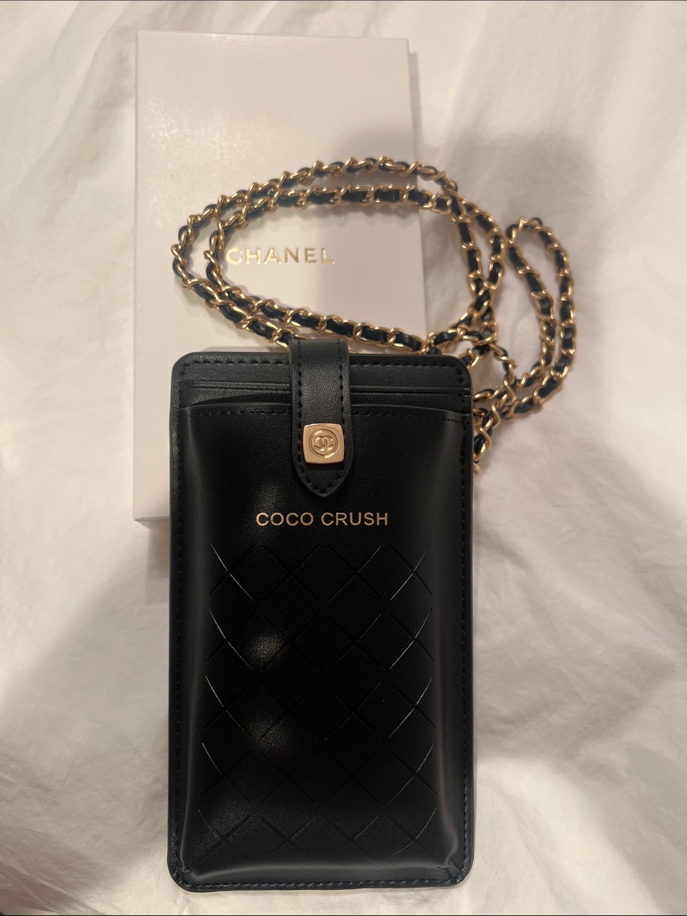CHANEL Black Coco Crush Quilted Leather Phone Case with Gold Chain - Picture 1 of 5